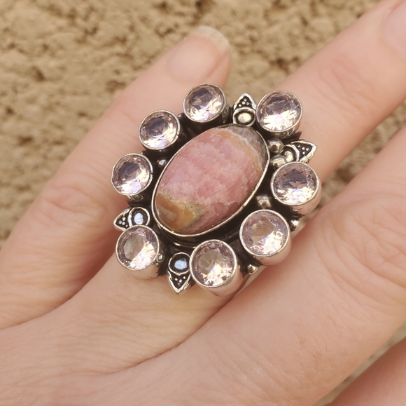 New Oversized Rhodochrosite & Kunzite 925 Silver Statement Ring. - Picture 13 of 14
